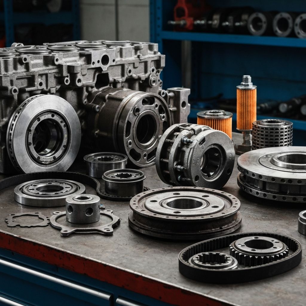 Heavy vehicle spare parts laid out on a workshop workbench including engine components, brake parts, and filters